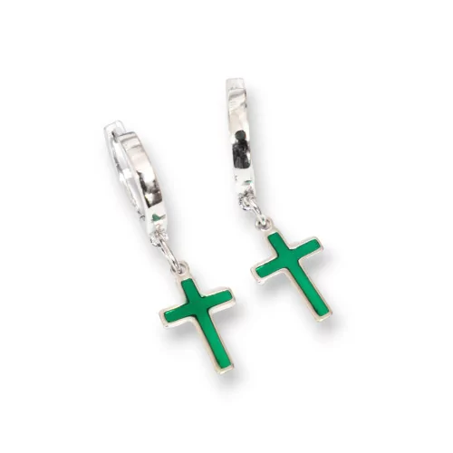 Orecchini Di Argento 925 Con Perno A Cerchietto E Pendenti Smaltati A Croce Verde 10x34mm-ARGENTO 925 DESIGN ITALY | Worldofjewel.com