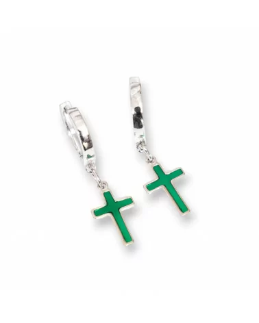 Orecchini Di Argento 925 Con Perno A Cerchietto E Pendenti Smaltati A Croce Verde 10x34mm-ARGENTO 925 DESIGN ITALY | Worldofjewel.com