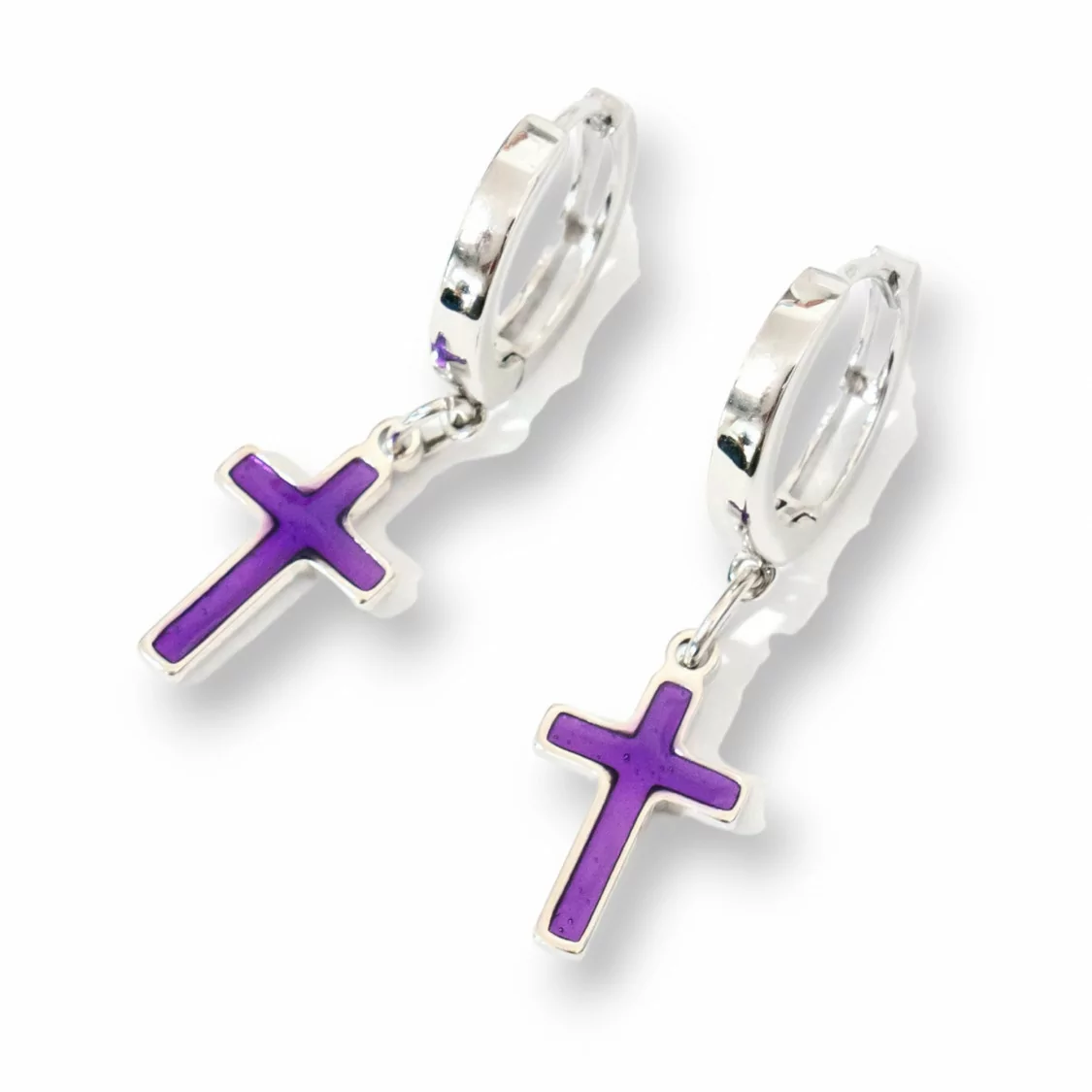 Orecchini Di Argento 925 Con Perno A Cerchietto E Pendenti Smaltati A Croce Viola 10x34mm-ARGENTO 925 DESIGN ITALY | Worldofjewel.com