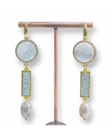 Orecchini Perno Di Argento 925 Con Occhio Di Gatto E Druzi Con Perle Di Fiume 20x80mm Bianco-ARGENTO 925 FANTASIA | Worldofjewel.com