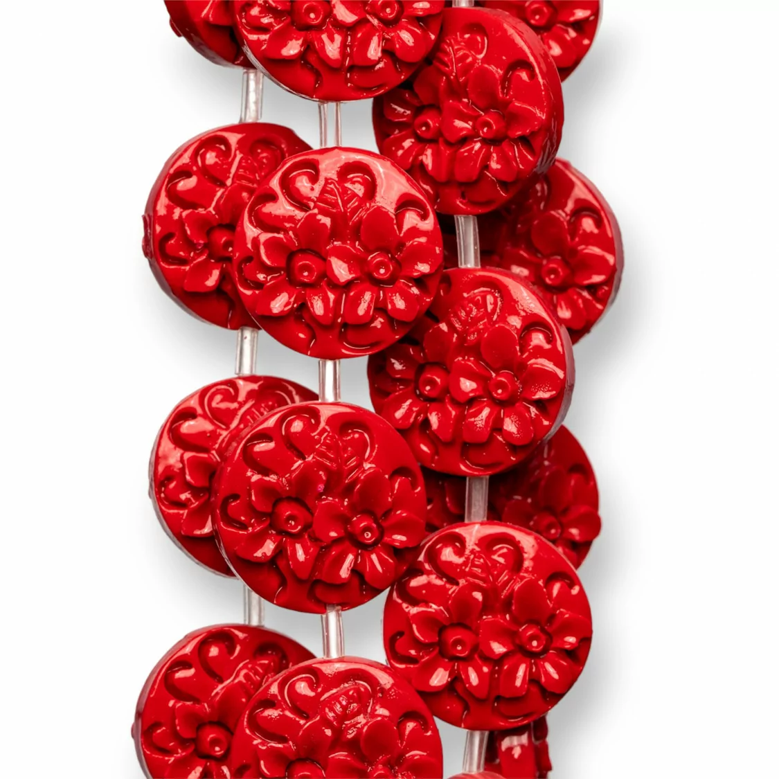 Perline Di Resina A Filo Tondo Piatto Fiori 20mm 17pz Rosso-RESINA A FILO | Worldofjewel.com