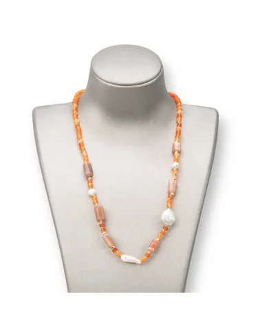 Collana Con Chiusura Di Pietre Dure, Perle E Ematite 45-52cm Arancio-COLLANE DI PIETRE DURE | Worldofjewel.com