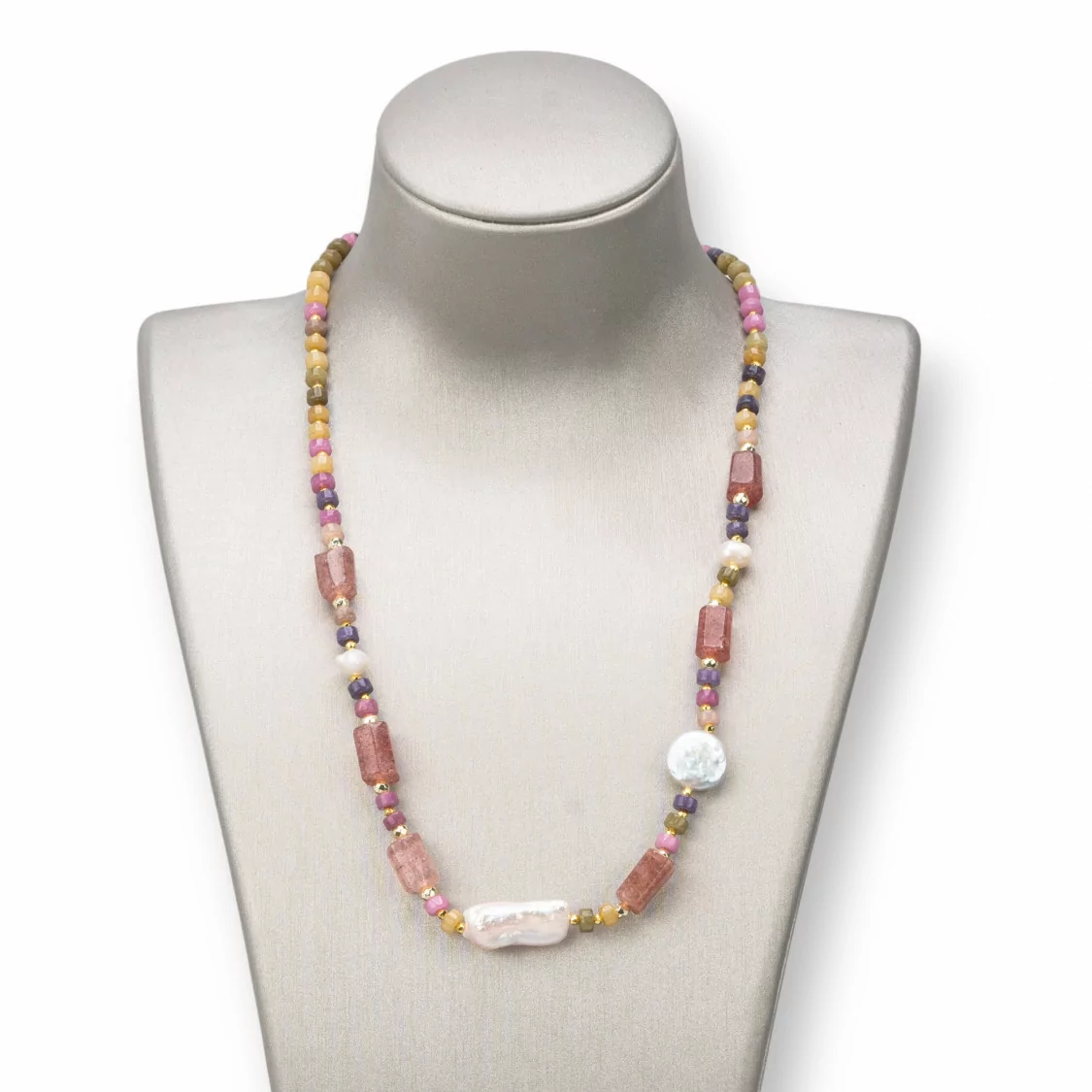 Collana Con Chiusura Di Pietre Dure, Perle E Ematite 45-52cm Giada Fragola-COLLANE DI PIETRE DURE | Worldofjewel.com