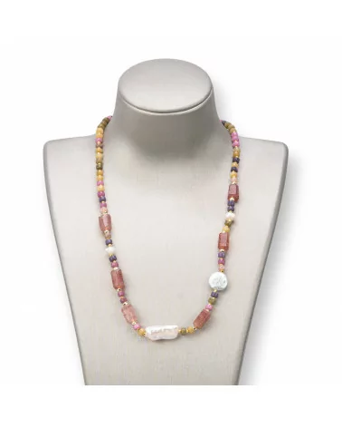 Collana Con Chiusura Di Pietre Dure, Perle E Ematite 45-52cm Giada Fragola-COLLANE DI PIETRE DURE | Worldofjewel.com