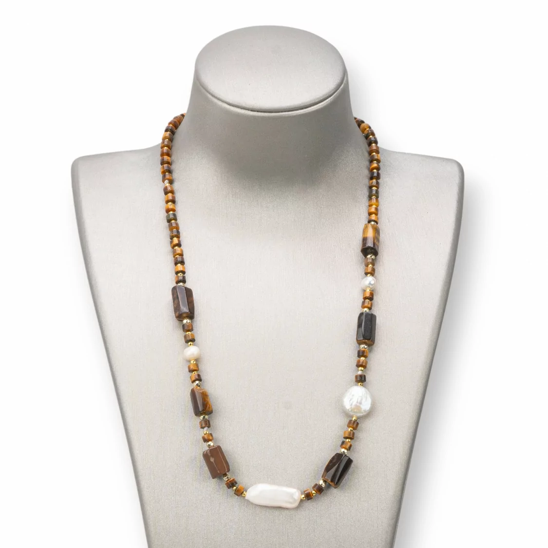 Collana Con Chiusura Di Pietre Dure, Perle E Ematite 45-52cm Occhio Di Tigre e Bronzite-COLLANE DI PIETRE DURE | Worldofjewel.com