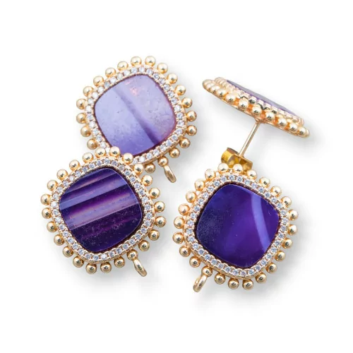 Base Per Orecchini Di Ottone A Perno Con Pietre Naturali Quadrato Con Zirconi 19mm 3 Paia Agata Striata Viola-BASI CON PIETRE E PERLINE | Worldofjewel.com