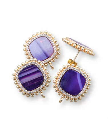 Base Per Orecchini Di Ottone A Perno Con Pietre Naturali Quadrato Con Zirconi 19mm 3 Paia Agata Striata Viola-BASI CON PIETRE E PERLINE | Worldofjewel.com