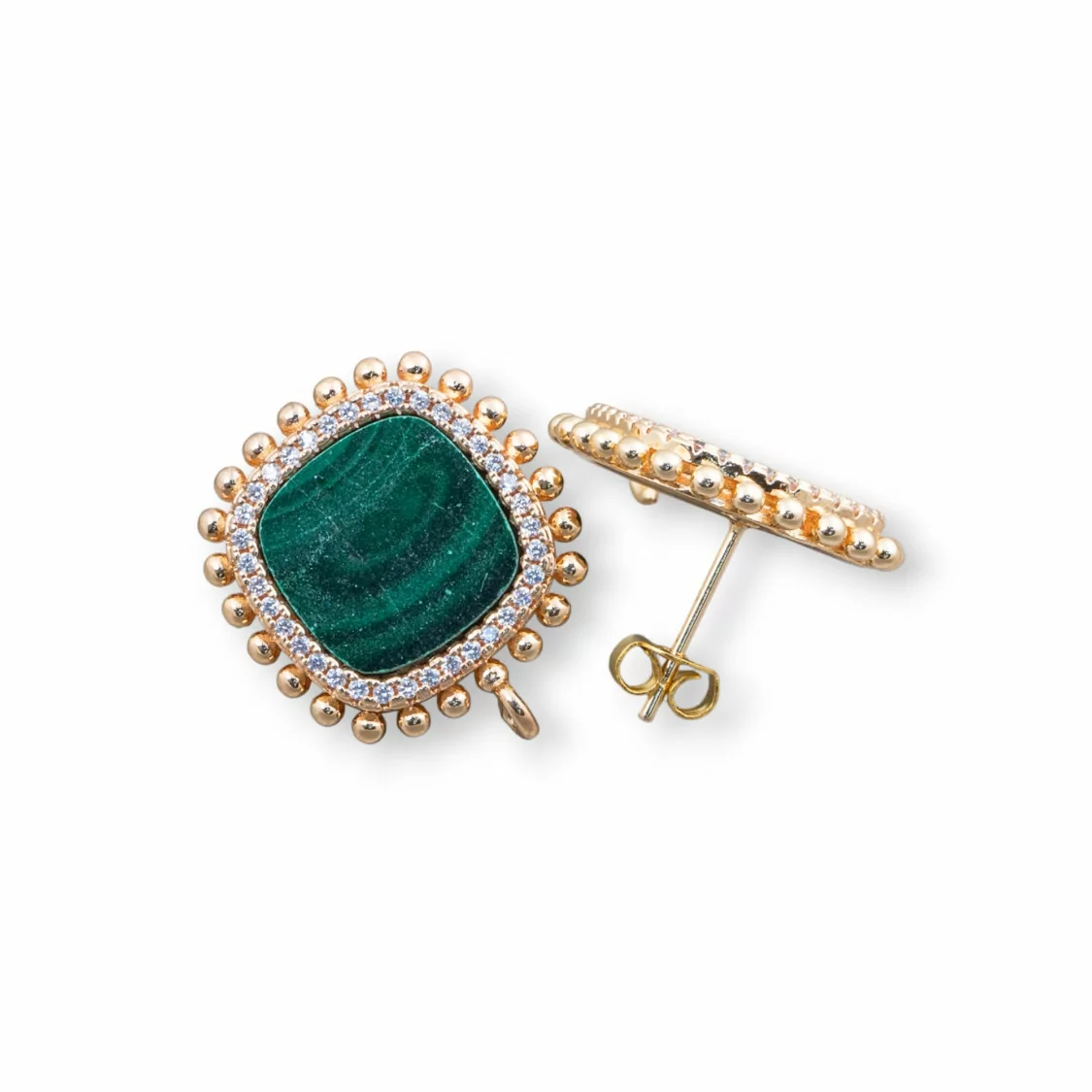 Base Per Orecchini Di Ottone A Perno Con Pietre Naturali Quadrato Con Zirconi 19mm 3 Paia Pasta Di Malachite-BASI CON PIETRE E PERLINE | Worldofjewel.com