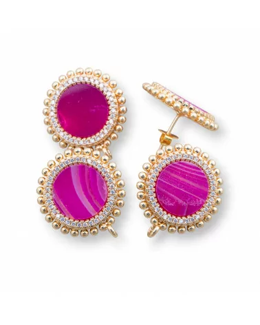 Base Per Orecchini Di Ottone A Perno Con Pietre Naturali Tondo Con Zirconi 20mm 3 Paia Agata Striata Fucsia-BASI CON PIETRE E PERLINE | Worldofjewel.com