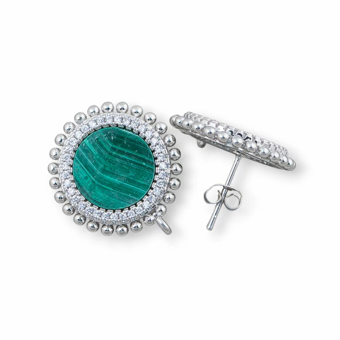 Base Per Orecchini Di Ottone A Perno Con Pietre Naturali Tondo Con Zirconi 20mm 3 Paia Rodiato Malachite-BASI CON PIETRE E PERLINE | Worldofjewel.com