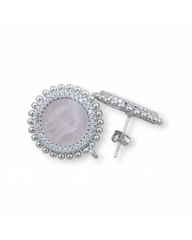 Base Per Orecchini Di Ottone A Perno Con Pietre Naturali Tondo Con Zirconi 20mm 3 Paia Rodiato Quarzo Rosa-BASI CON PIETRE E PERLINE | Worldofjewel.com