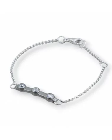 Bracciale Di Argento 925 Design Italy Con 3 Zirconi Lunghezza 19cm-16,5cm Rodiato e Brunito-BRACCIALI DI ARGENTO 925 | Worldofjewel.com