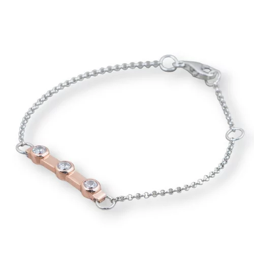 Bracciale Di Argento 925 Design Italy Con 3 Zirconi Lunghezza 19cm-16,5cm Rodiato e Oro Rosa-BRACCIALI DI ARGENTO 925 | Worldofjewel.com