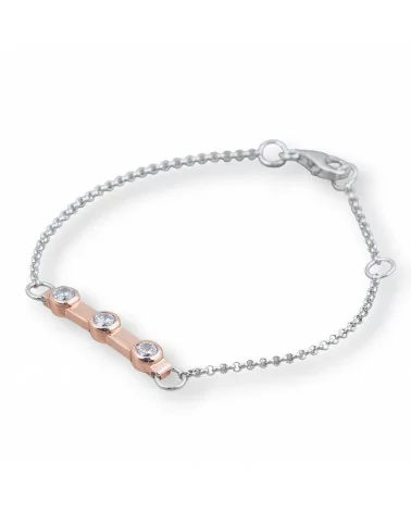 Bracciale Di Argento 925 Design Italy Con 3 Zirconi Lunghezza 19cm-16,5cm Rodiato e Oro Rosa-BRACCIALI DI ARGENTO 925 | Worldofjewel.com