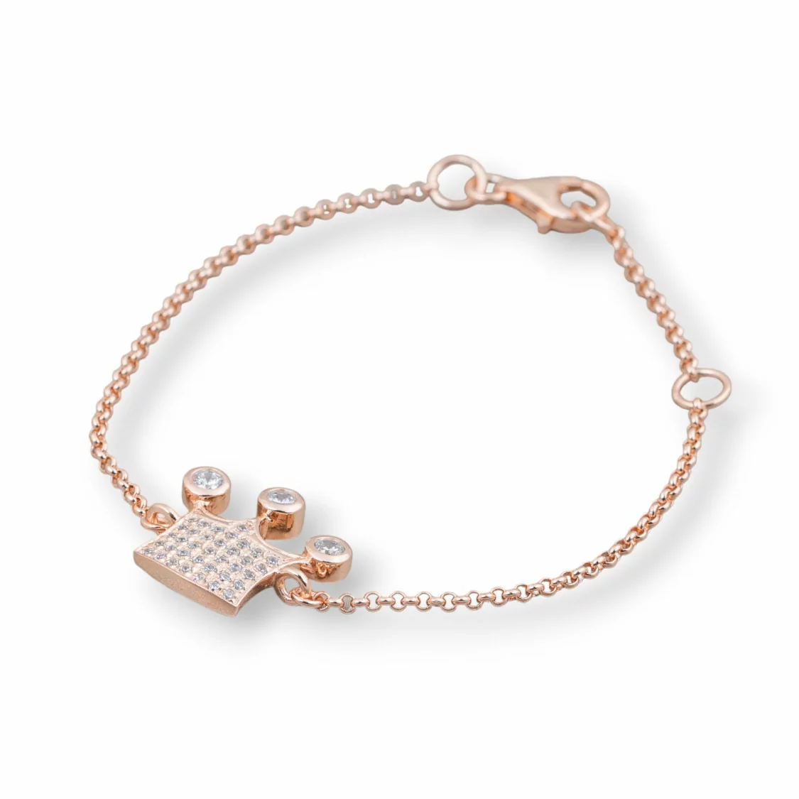 Bracciale Di Argento 925 Design Italy Con Centale Corona Zirconata Lunghezza 19cm-16,5cm Oro Rosa-BRACCIALI DI ARGENTO 925 | Worldofjewel.com