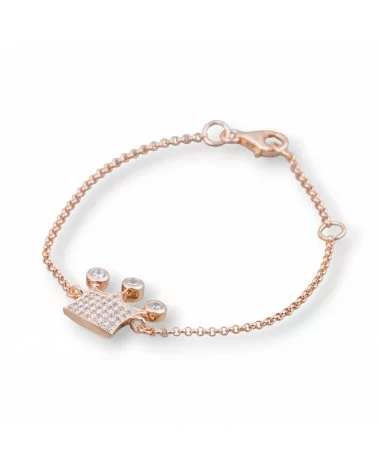 Bracciale Di Argento 925 Design Italy Con Centale Corona Zirconata Lunghezza 19cm-16,5cm Oro Rosa-BRACCIALI DI ARGENTO 925 | Worldofjewel.com