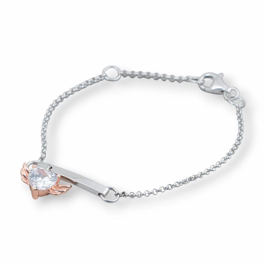 Bracciale Di Argento 925 Design Italy Con Centale Cuore Alato Lunghezza 19cm-16,5cm Rodiato E Oro Rosa-BRACCIALI DI ARGENTO 925 | Worldofjewel.com