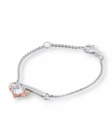 Bracciale Di Argento 925 Design Italy Con Centale Cuore Alato Lunghezza 19cm-16,5cm Rodiato E Oro Rosa-BRACCIALI DI ARGENTO 925 | Worldofjewel.com