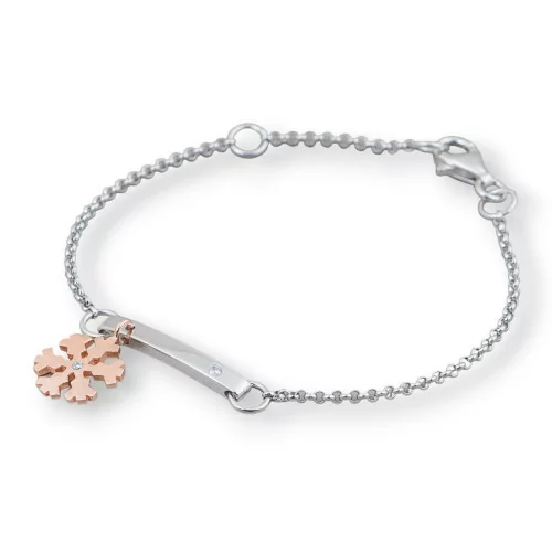 Bracciale Di Argento 925 Design Italy Con Centale Fiocco Di Neve Rose' Lunghezza 19cm-16,5cm Rodiato-BRACCIALI DI ARGENTO 925 | Worldofjewel.com