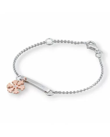 Bracciale Di Argento 925 Design Italy Con Centale Fiocco Di Neve Rose' Lunghezza 19cm-16,5cm Rodiato-BRACCIALI DI ARGENTO 925 | Worldofjewel.com