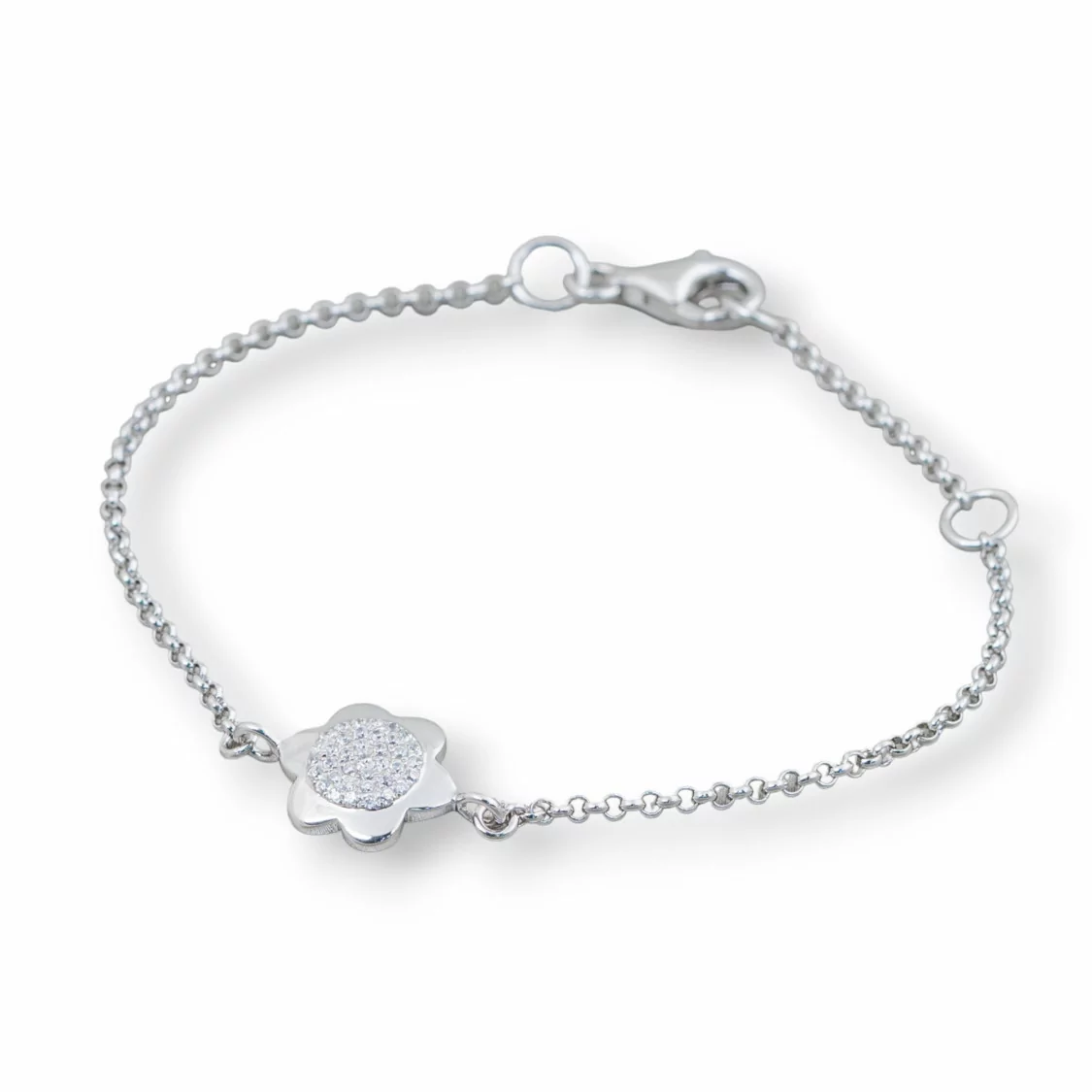 Bracciale Di Argento 925 Design Italy Con Centale Fiore Brillante Lunghezza 19cm-16,5cm Rodiato-BRACCIALI DI ARGENTO 925 | Worldofjewel.com