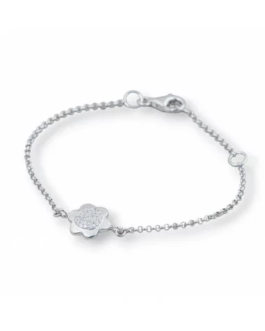 Bracciale Di Argento 925 Design Italy Con Centale Fiore Brillante Lunghezza 19cm-16,5cm Rodiato-BRACCIALI DI ARGENTO 925 | Worldofjewel.com