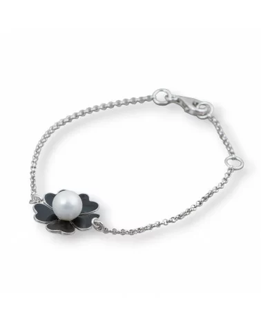 Bracciale Di Argento 925 Design Italy Con Centale Fiore Smaltato Lunghezza 19cm-16,5cm-BRACCIALI DI ARGENTO 925 | Worldofjewel.com