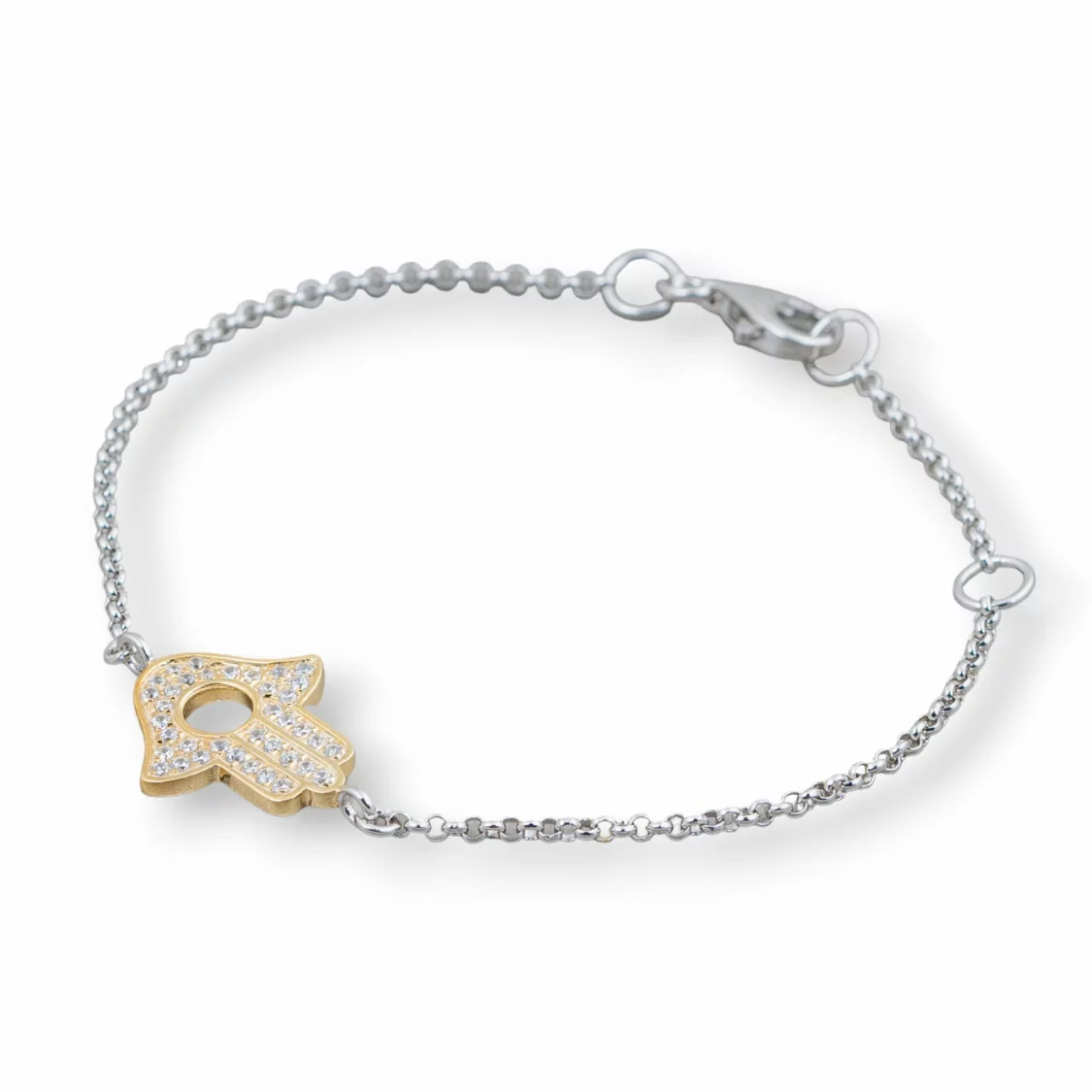 Bracciale Di Argento 925 Design Italy Con Centale Mano Di Fatima Dorata Lunghezza 19cm-16,5cm Rodiato-BRACCIALI DI ARGENTO 925 | Worldofjewel.com