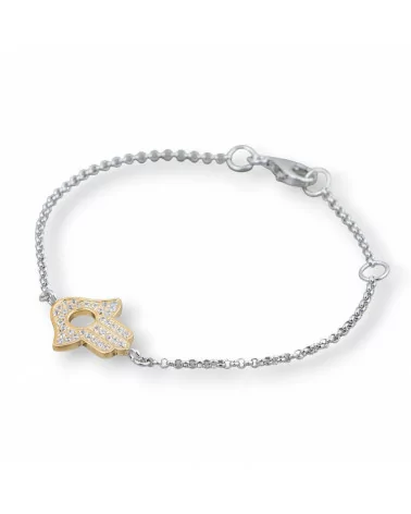 Bracciale Di Argento 925 Design Italy Con Centale Mano Di Fatima Dorata Lunghezza 19cm-16,5cm Rodiato-BRACCIALI DI ARGENTO 925 | Worldofjewel.com