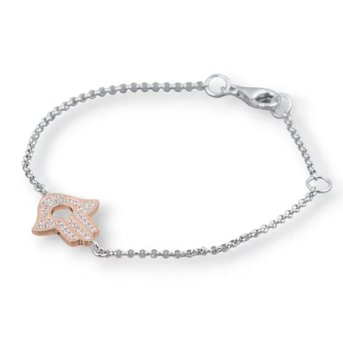 Bracciale Di Argento 925 Design Italy Con Centale Mano Di Fatima Oro Rosa Lunghezza 19cm-16,5cm Rodiato-BRACCIALI DI ARGENTO 925 | Worldofjewel.com