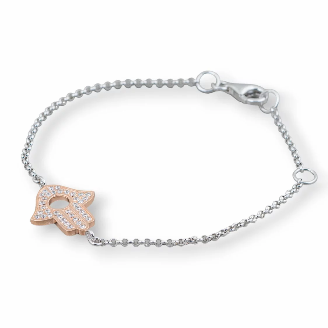 Bracciale Di Argento 925 Design Italy Con Centale Mano Di Fatima Oro Rosa Lunghezza 19cm-16,5cm Rodiato-BRACCIALI DI ARGENTO 925 | Worldofjewel.com