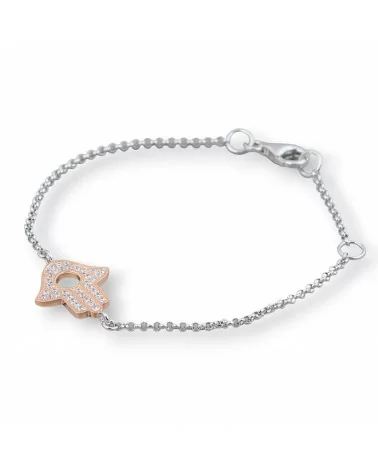 Bracciale Di Argento 925 Design Italy Con Centale Mano Di Fatima Oro Rosa Lunghezza 19cm-16,5cm Rodiato-BRACCIALI DI ARGENTO 925 | Worldofjewel.com