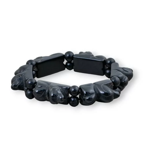 Bracciale Di Pietre Dure Inciso A Mano Cagnolino 16x25mm Agata Nera-BRACCIALI DI PIETRE DURE | Worldofjewel.com