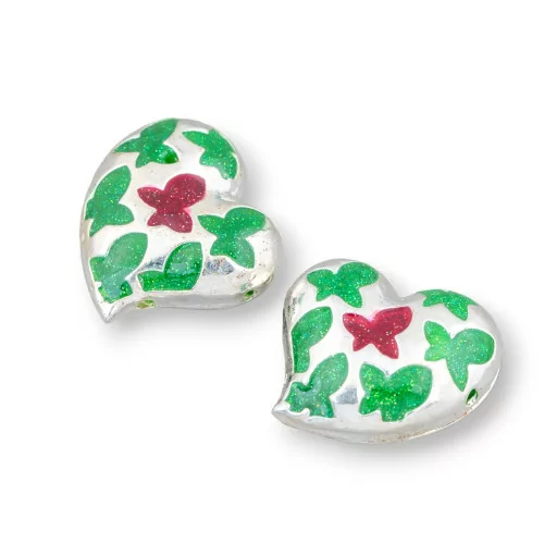 Componente Connettore Perline Di Ottone Smaltato Cuore 20mm 6pz Argentato Verde E Rosso-PERLINE SMALTATE | Worldofjewel.com