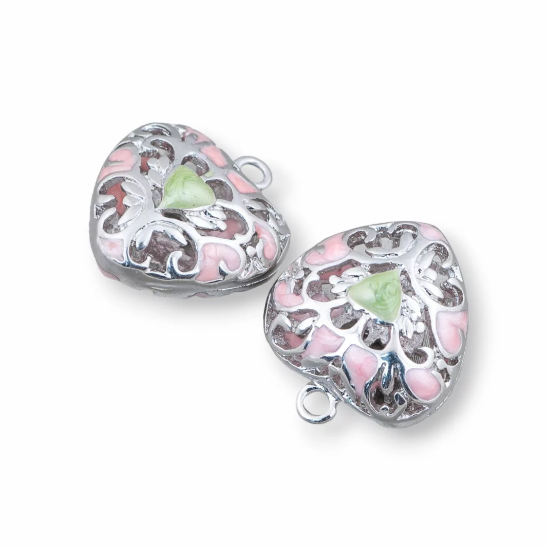 Componente Connettore Perline Di Ottone Smaltato Pendente Cuore 18x21mm 6pz Rodiato Rosa Verde-PERLINE SMALTATE | Worldofjewel.com