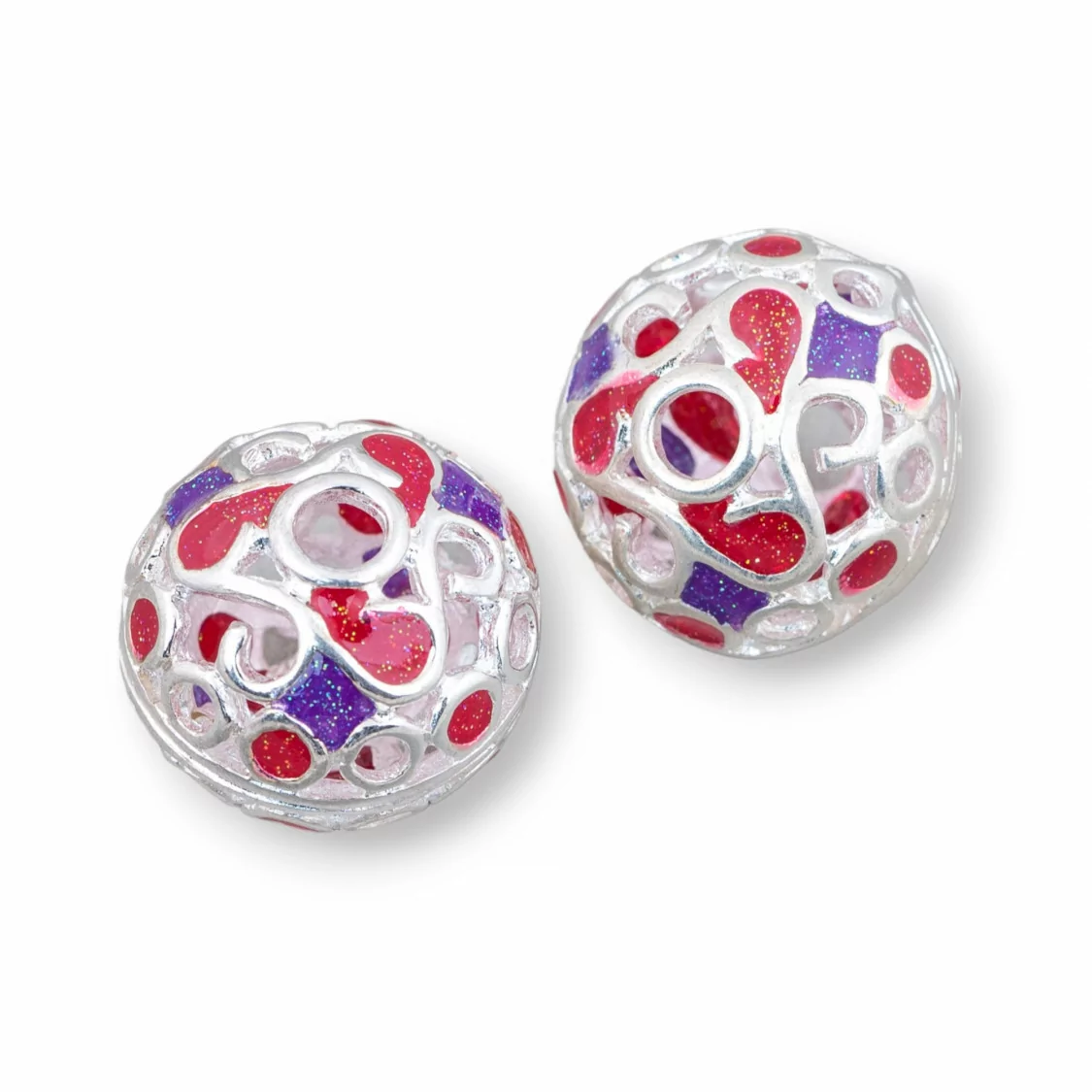 Componente Connettore Perline Di Ottone Smaltato Sfera 19x16mm 6pz Argentato Rosso E Viola-PERLINE SMALTATE | Worldofjewel.com