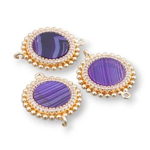 Connettore Componente Di Ottone Con Pietre Naturali Con 2 Anellini E Zirconi Tondo 20mm 6pz Agata Striata Viola- RAINBOW CRYSTAL | Worldofjewel.com