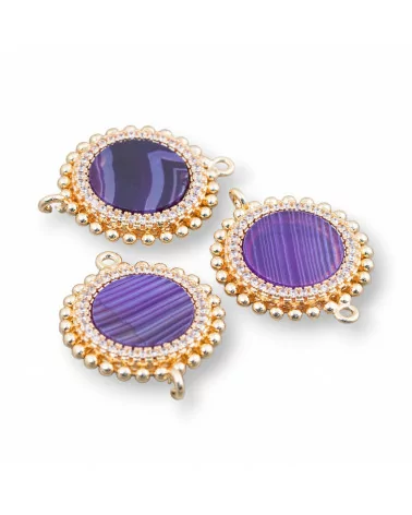 Connettore Componente Di Ottone Con Pietre Naturali Con 2 Anellini E Zirconi Tondo 20mm 6pz Agata Striata Viola- RAINBOW CRYSTAL | Worldofjewel.com