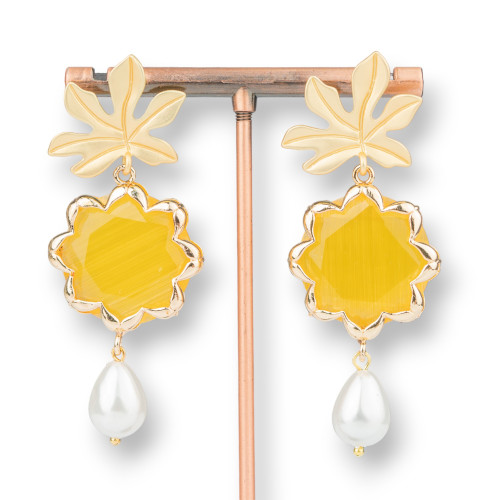 Pendientes de Bronce con Flor Ojo de Gato y Perlas Mallorquinas 30x68mm Amarillo