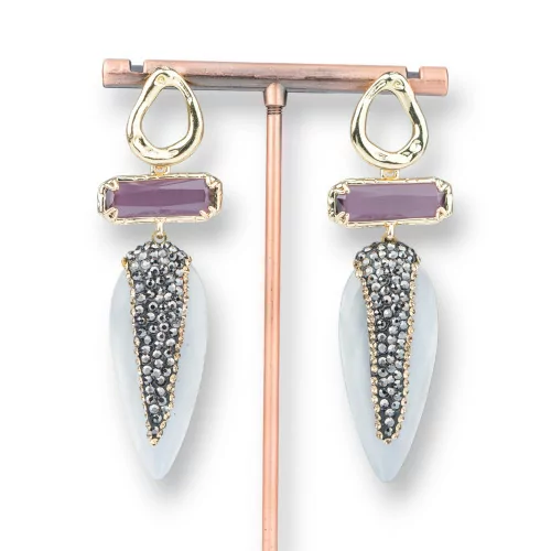 Orecchini A Perno Di Bronzo Con Occhio Di Gatto Rettangolo E Goccia Con Marcasite 22x70mm Viola Bianco-BRONZO CRYSTAL | Worldofjewel.com