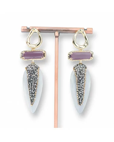 Orecchini A Perno Di Bronzo Con Occhio Di Gatto Rettangolo E Goccia Con Marcasite 22x70mm Viola Bianco-BRONZO CRYSTAL | Worldofjewel.com