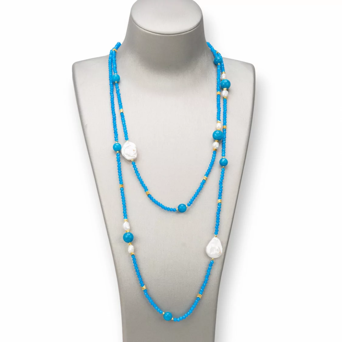 Collana Bijoux Charlestone Di Pietre Dure 10mm, Perle 7-15mm E Cristalli 3mm 160cm Blu Chiaro-DESIGN ITALY | Worldofjewel.com