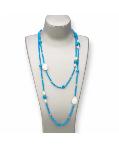 Collana Bijoux Charlestone Di Pietre Dure 10mm, Perle 7-15mm E Cristalli 3mm 160cm Blu Chiaro-DESIGN ITALY | Worldofjewel.com