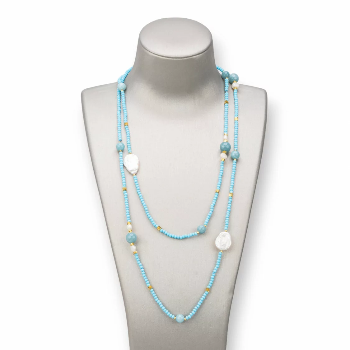 Collana Bijoux Charlestone Di Pietre Dure 10mm, Perle 7-15mm E Cristalli 3mm 160cm Celeste-DESIGN ITALY | Worldofjewel.com