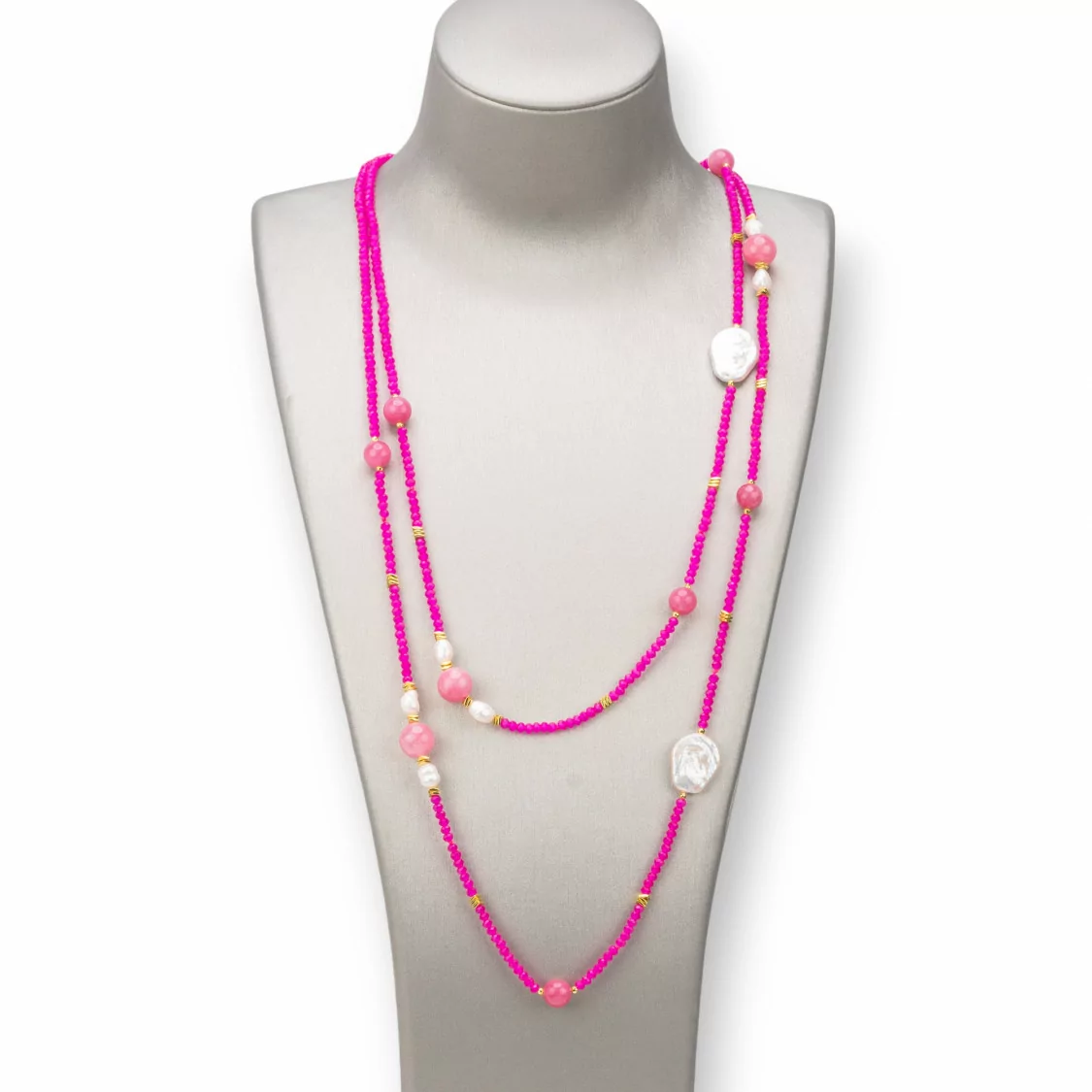 Collana Charlestone Di Pietre Dure 10mm, Perle 7-15mm E Cristalli 3mm 160cm Fucsia-DESIGN ITALY | Worldofjewel.com