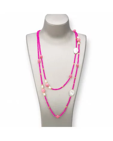 Collana Charlestone Di Pietre Dure 10mm, Perle 7-15mm E Cristalli 3mm 160cm Fucsia-DESIGN ITALY | Worldofjewel.com