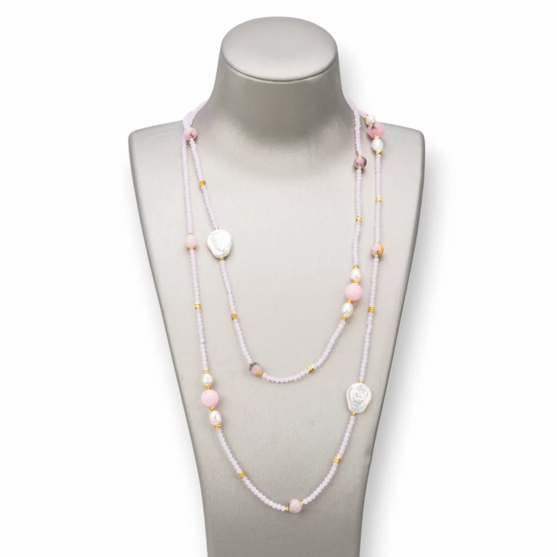 Collana Bijoux Charlestone Di Pietre Dure 10mm, Perle 7-15mm E Cristalli 3mm 160cm Rosa Maculato-DESIGN ITALY | Worldofjewel.com