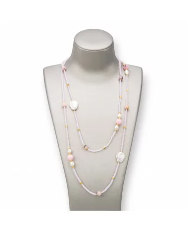 Collana Bijoux Charlestone Di Pietre Dure 10mm, Perle 7-15mm E Cristalli 3mm 160cm Rosa Maculato-DESIGN ITALY | Worldofjewel.com