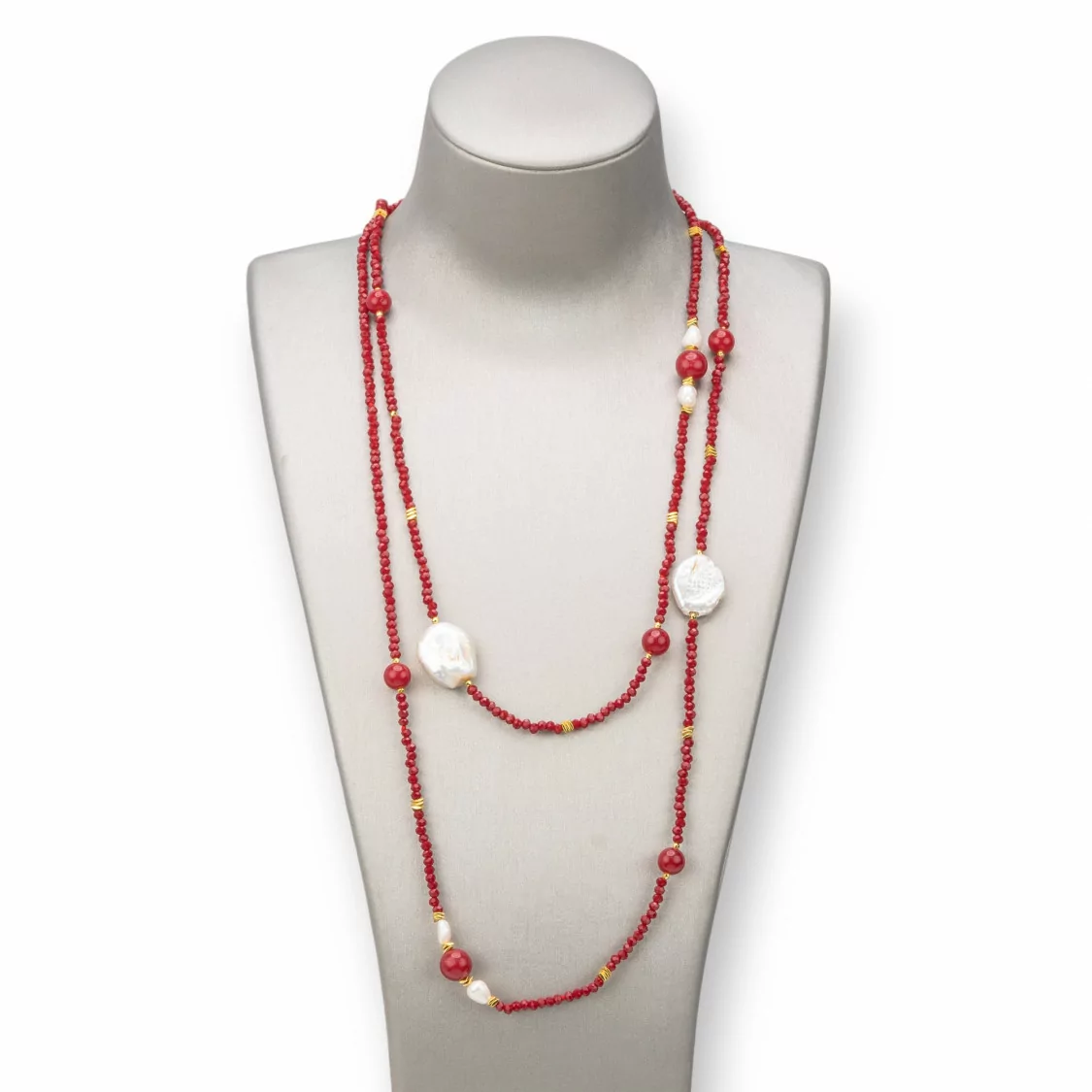 Collana Bijoux Charlestone Di Pietre Dure 10mm, Perle 7-15mm E Cristalli 3mm 160cm Rosso-DESIGN ITALY | Worldofjewel.com