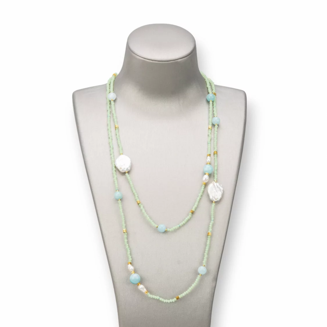 Collana Bijoux Charlestone Di Pietre Dure 10mm, Perle 7-15mm E Cristalli 3mm 160cm Verde Chiaro-DESIGN ITALY | Worldofjewel.com